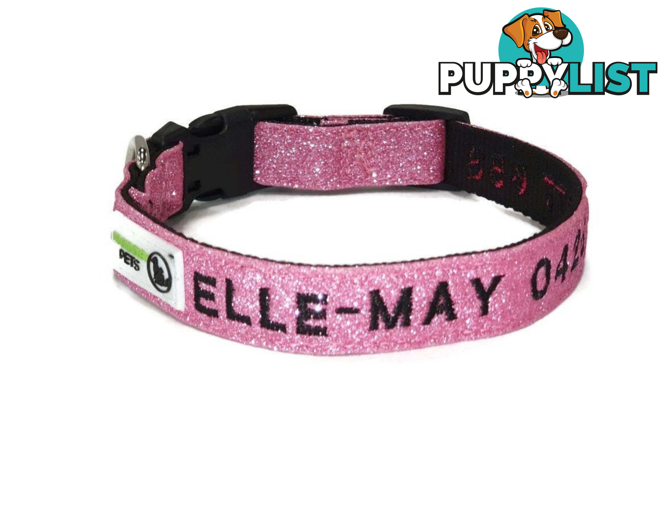Doggie ID Collar - Bling Glitter Overlay Nylon Collar, Embroidered Personised Custom. - GC-DIC-BLING-L-LPNK