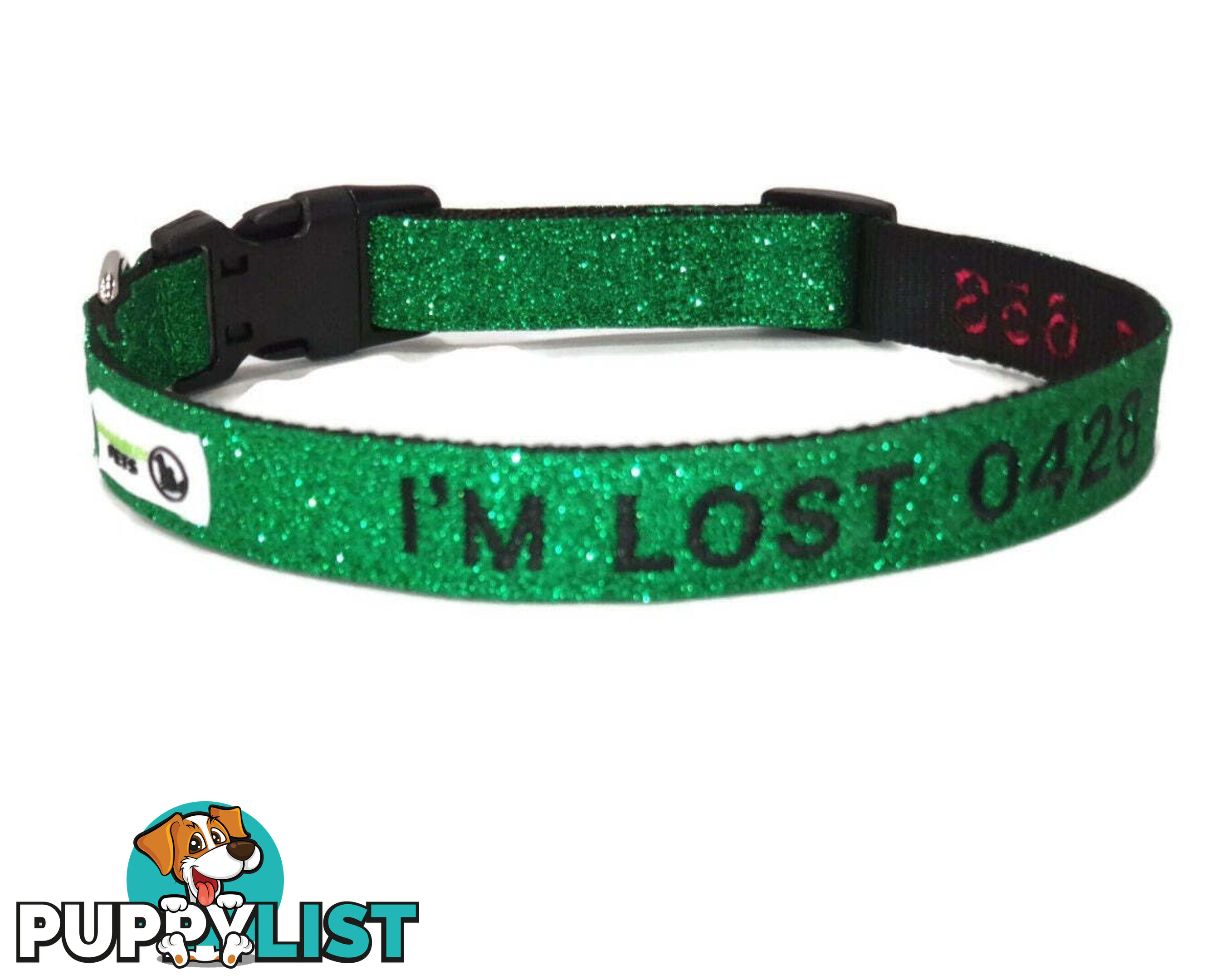 Doggie ID Collar - Bling Glitter Overlay Nylon Collar, Embroidered Personised Custom. - GC-DIC-BLING-L-LPNK
