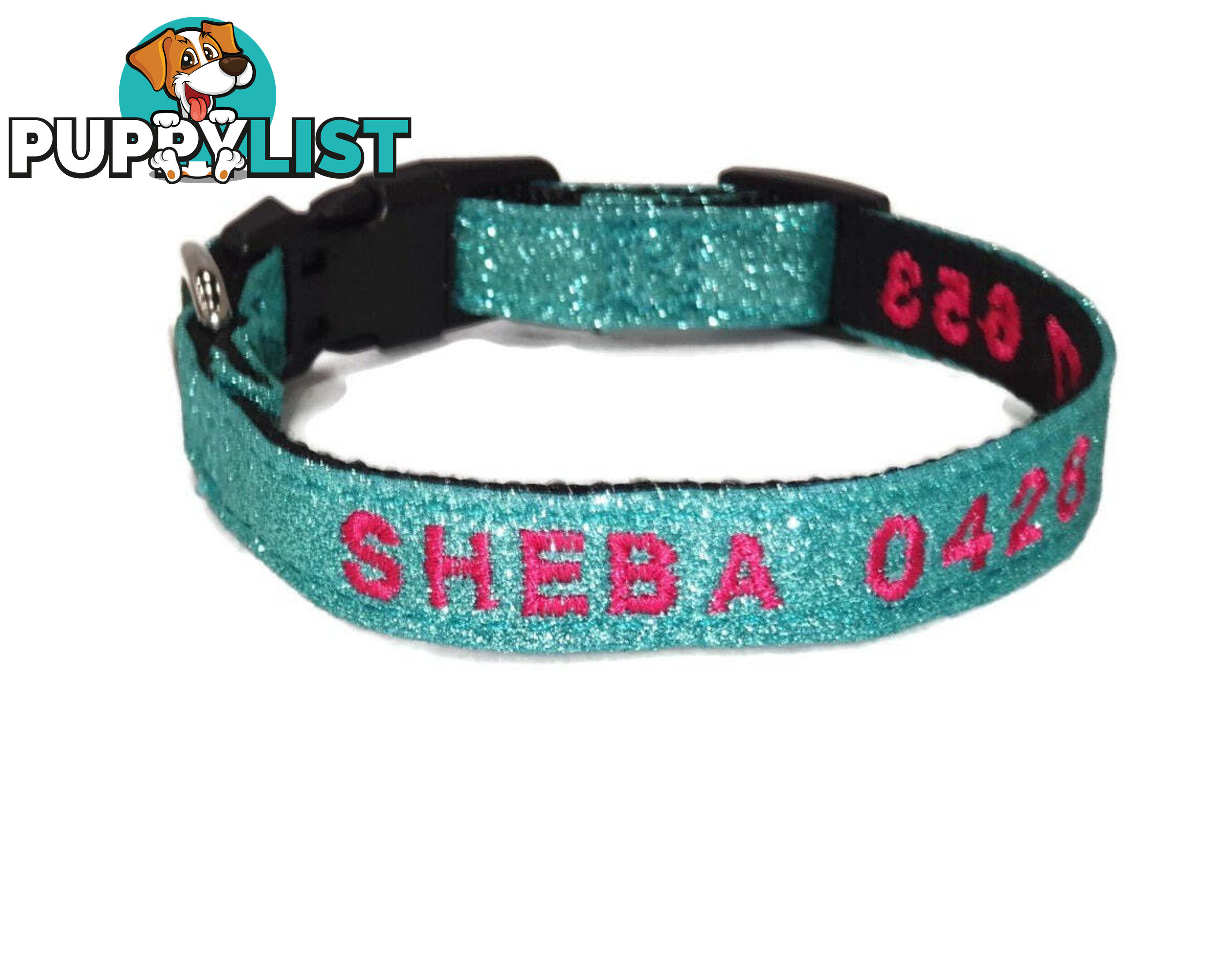 Doggie ID Collar - Bling Glitter Overlay Nylon Collar, Embroidered Personised Custom. - GC-DIC-BLING-L-LPNK
