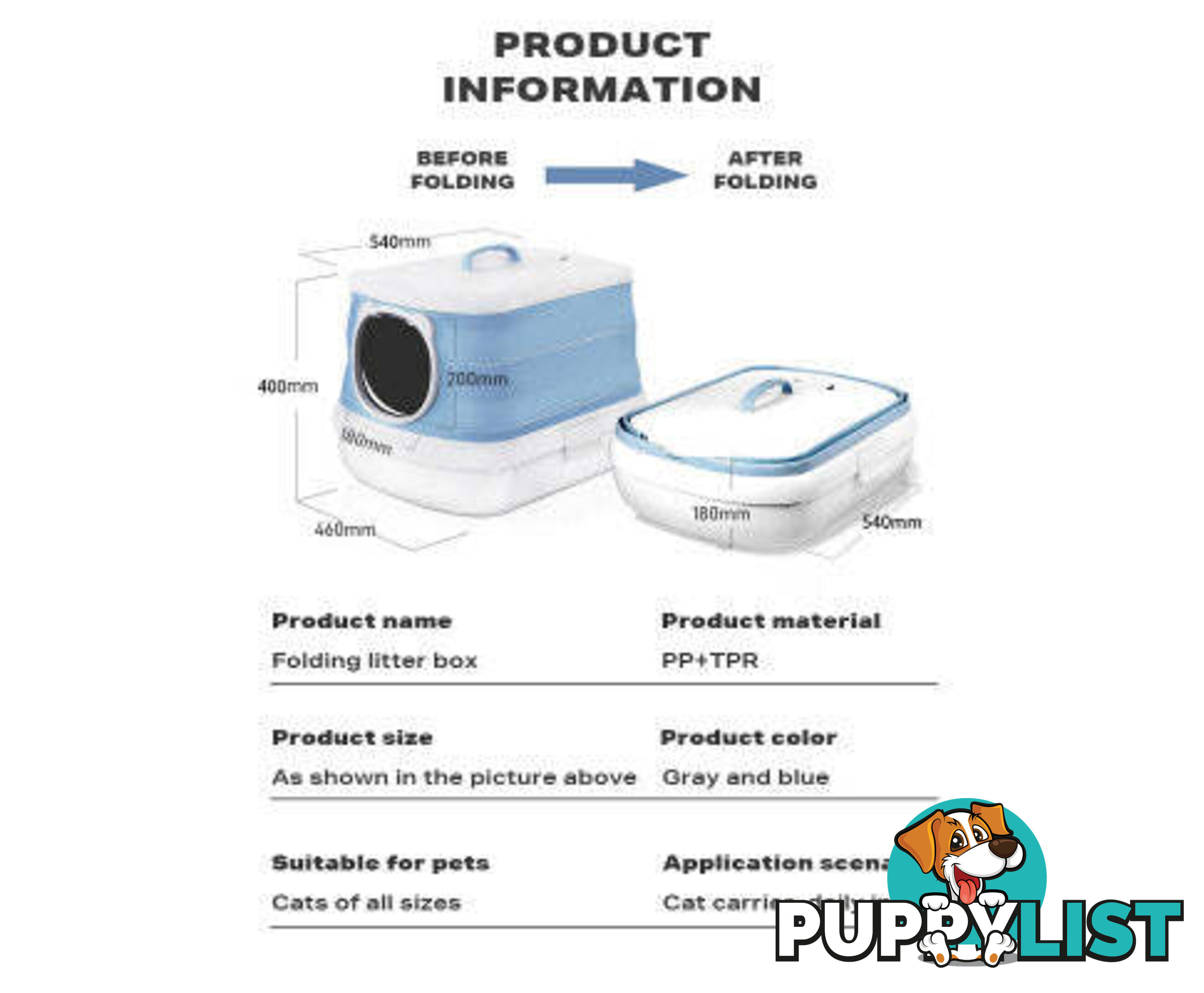 Large Foldable Plastic Cat Litter Box - Easy Cleaning - V488-PCFCB-GR