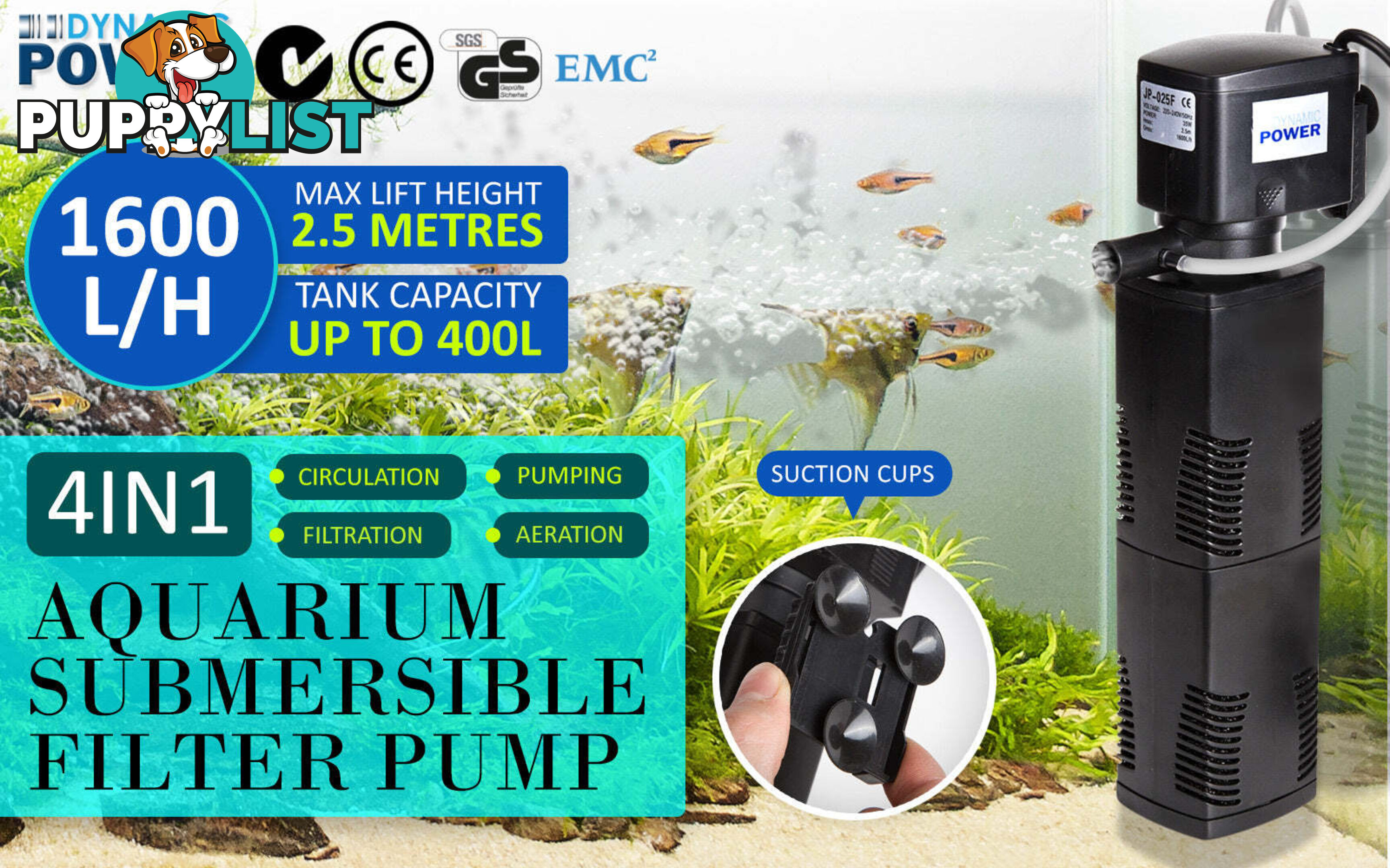 Aquarium Submersible Filter Pond Pump 1600L/H 35W 2.5m - V274-AQ-JP025F-35