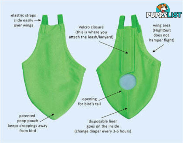Bird Featherwear Flightsuit Harness & Diaper by Avian Fashions - AF-FS14-GREEN