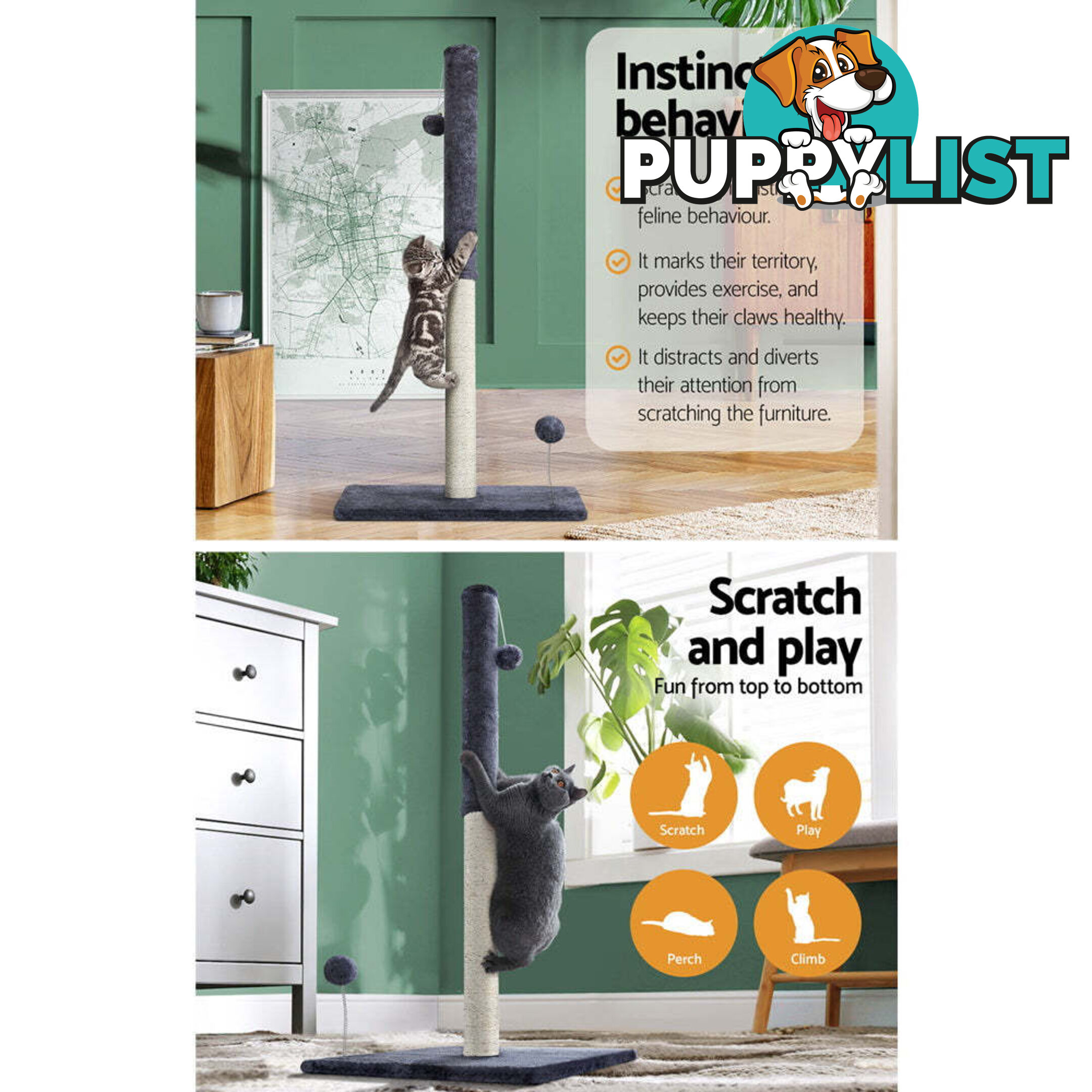 i.Pet Cat Tree 105cm Scratching Post Scratcher Tower Condo House Hanging toys Grey - PET-CAT-FL016-2-GR