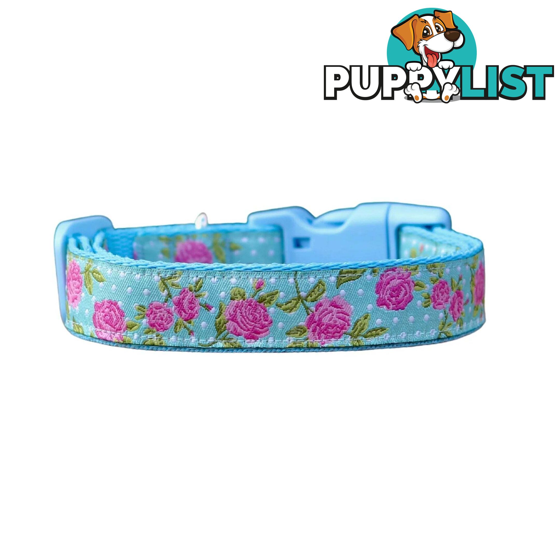 Rose Dog Collar / XS - L - Hand Made by The Bark Side - TBSROSLGEBLU