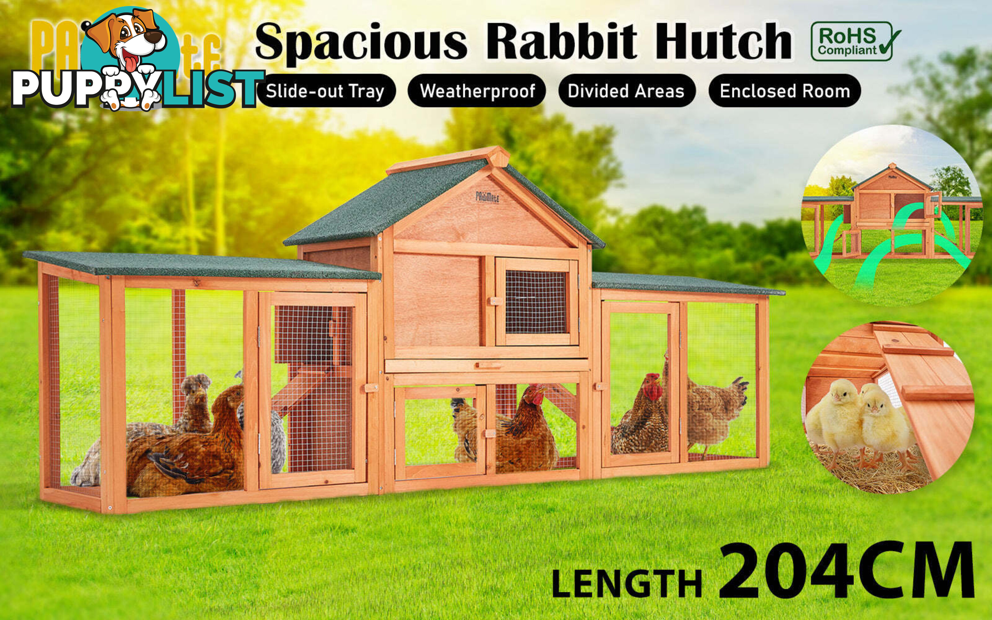 Rabbit Hutch Chicken Coop 204 x 45 x 85cm 2 Storey Cage Mansion - V274-PET-RH10016
