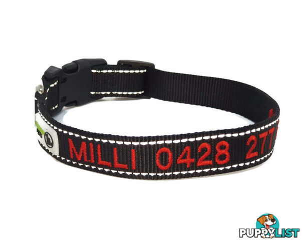 Doggie ID Collar Nylon w/Reflective Stitching Embroidered Personalised Custom. - GC-DIC-031-S-LBLU