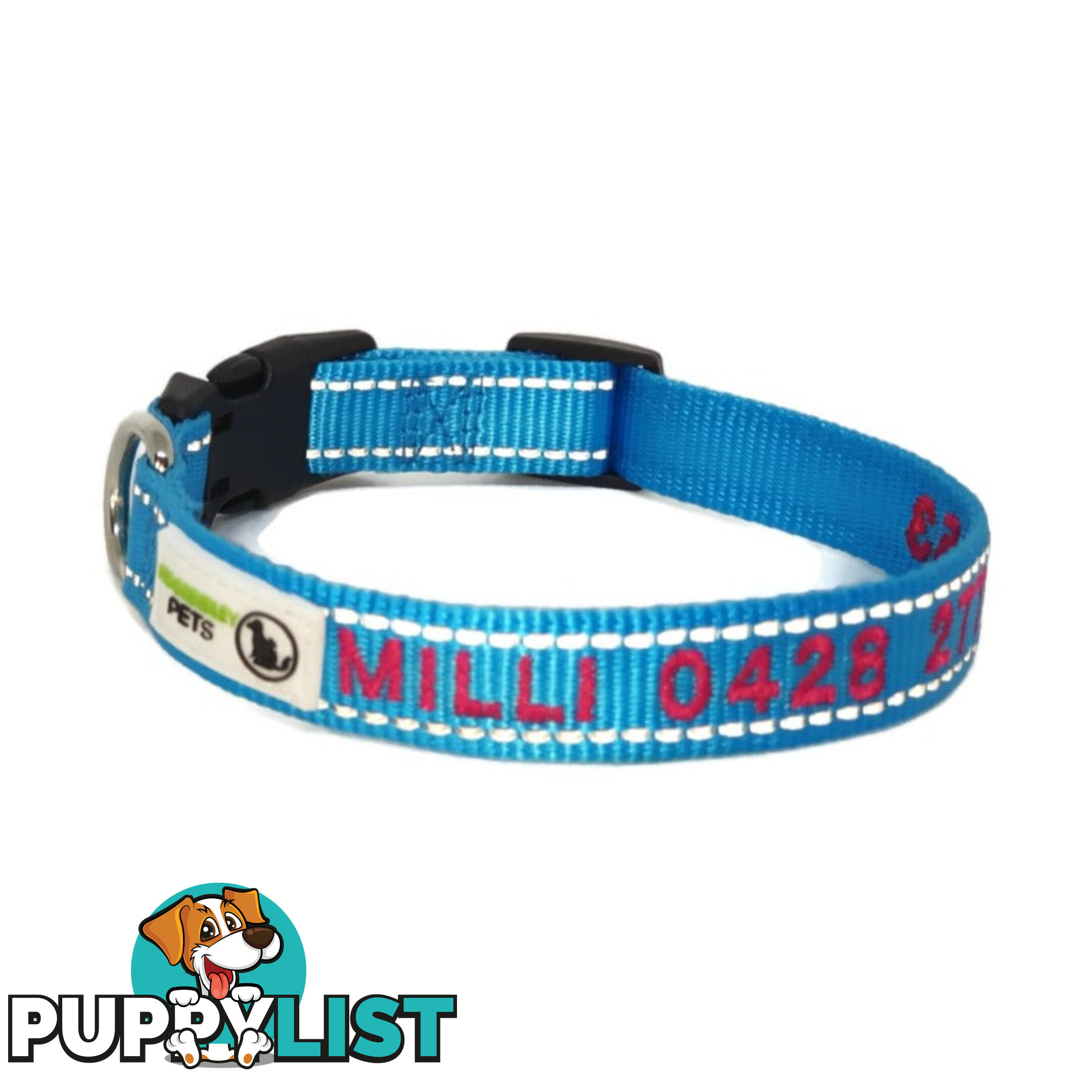 Doggie ID Collar Nylon w/Reflective Stitching Embroidered Personalised Custom. - GC-DIC-031-S-LBLU