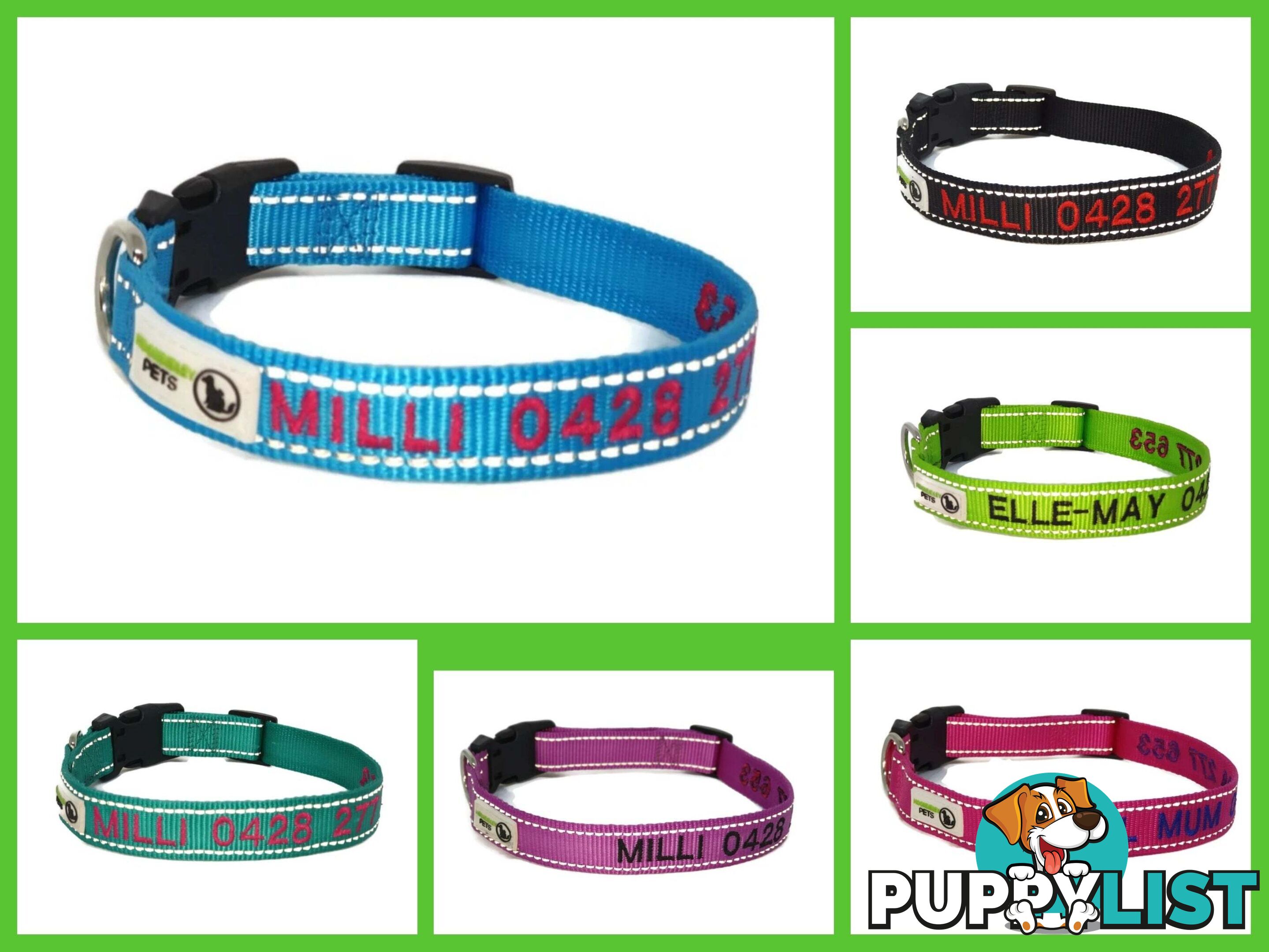 Doggie ID Collar Nylon w/Reflective Stitching Embroidered Personalised Custom. - GC-DIC-031-S-LBLU