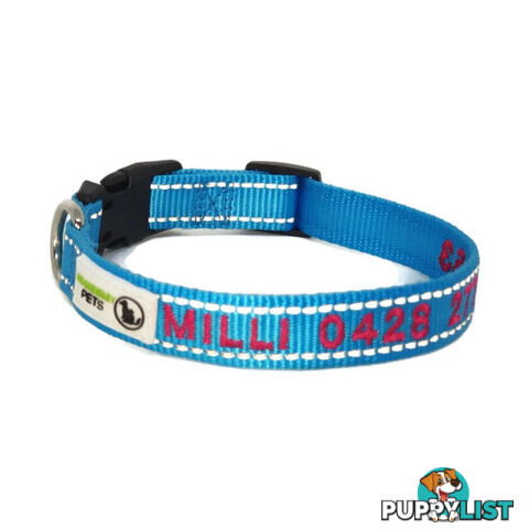 Doggie ID Collar Nylon w/Reflective Stitching Embroidered Personalised Custom. - GC-DIC-031-S-LBLU