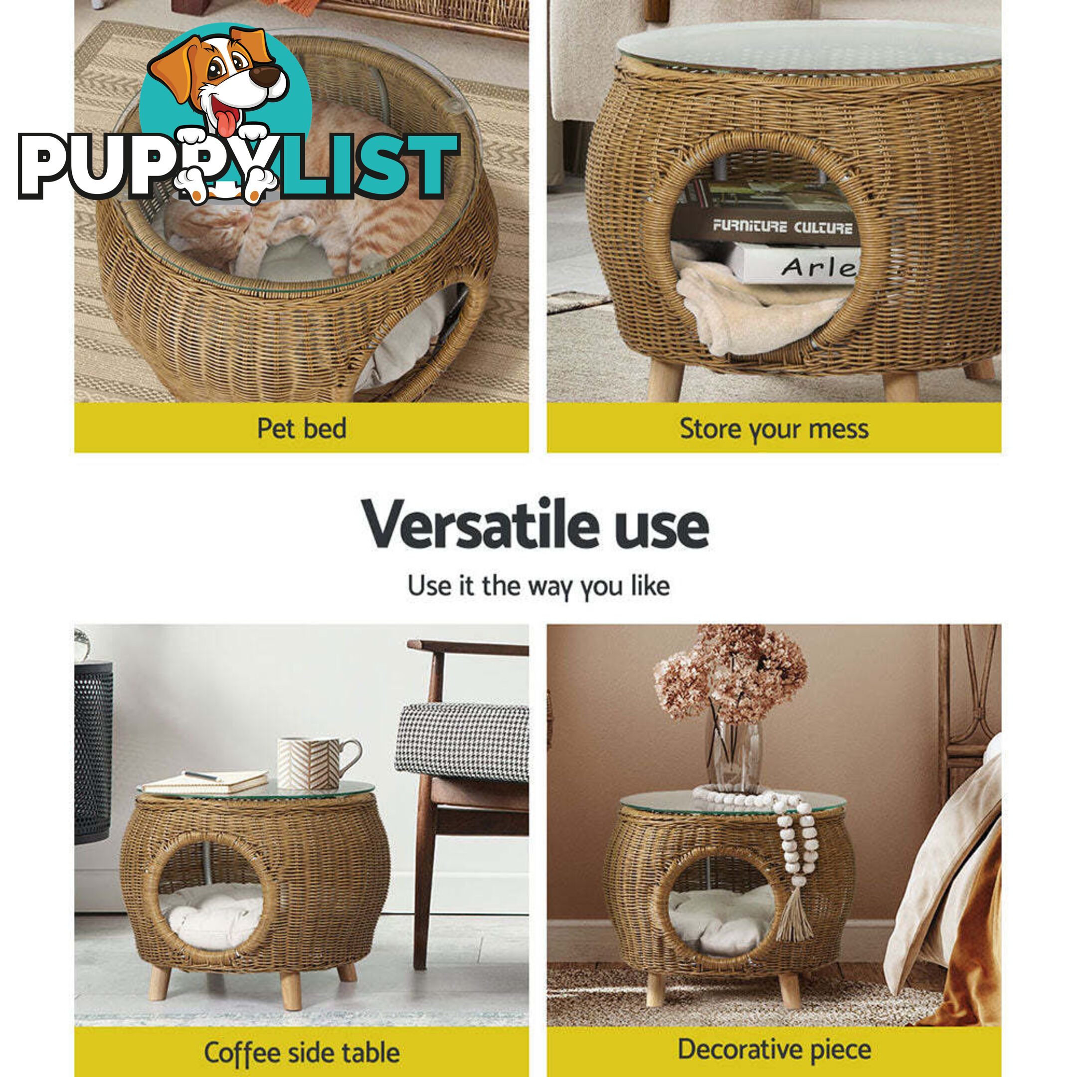 Gardeon Coffee Side Table Wicker Aluminium Desk Pet Bed Storage Outdoor Furniture - FF-COFFEE-TB-YE