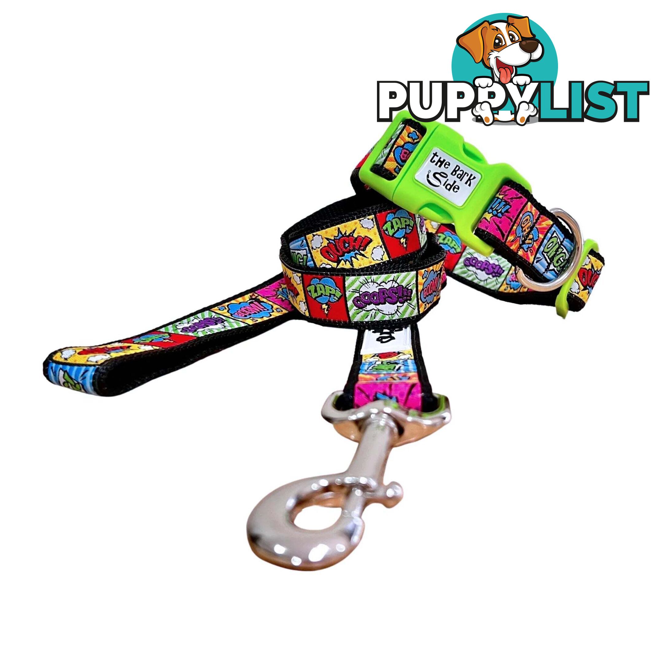 Comic Mania Dog Collar / XS - L - Hand Made by The Bark Side - TBSCOMLGEGRN