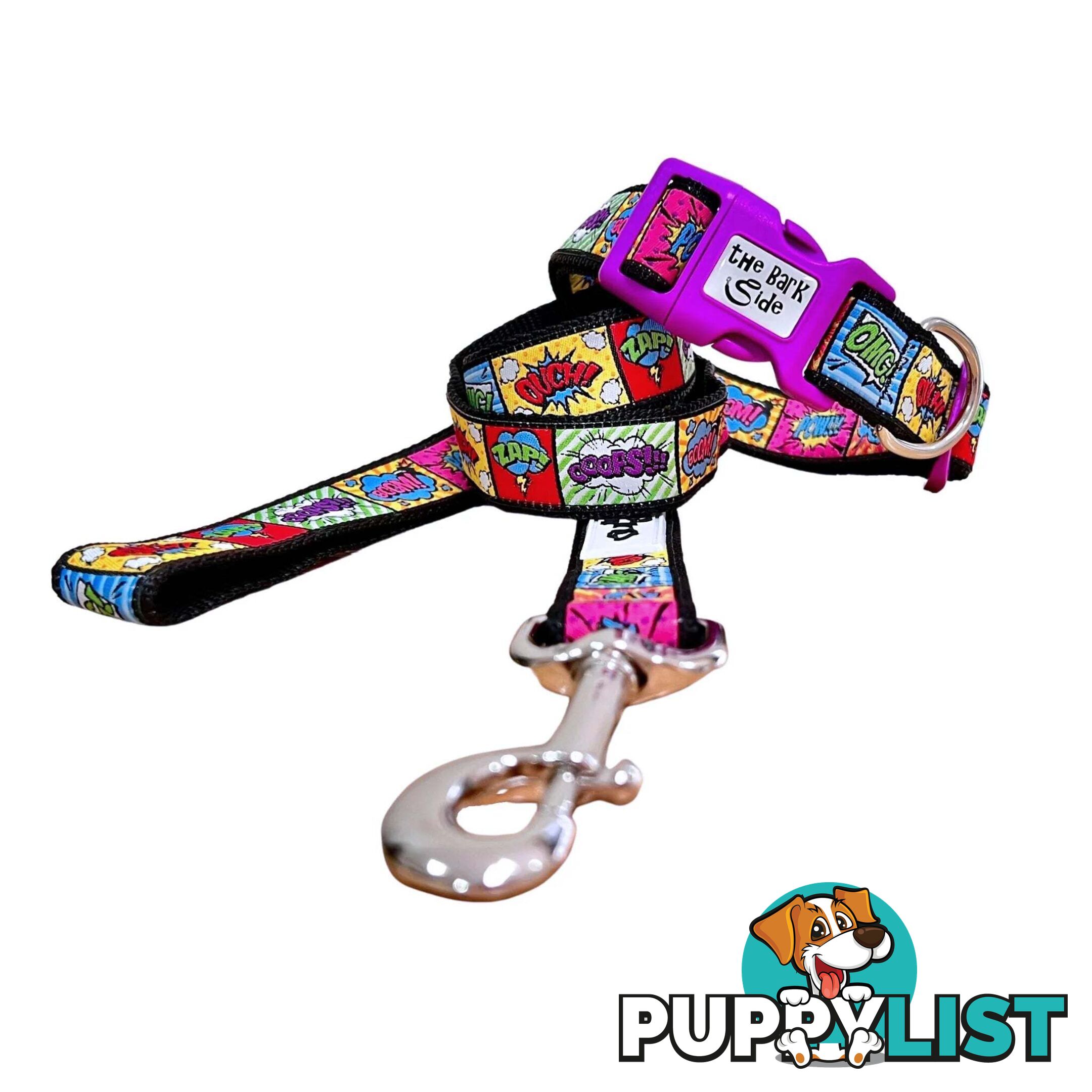 Comic Mania Dog Collar / XS - L - Hand Made by The Bark Side - TBSCOMLGEGRN
