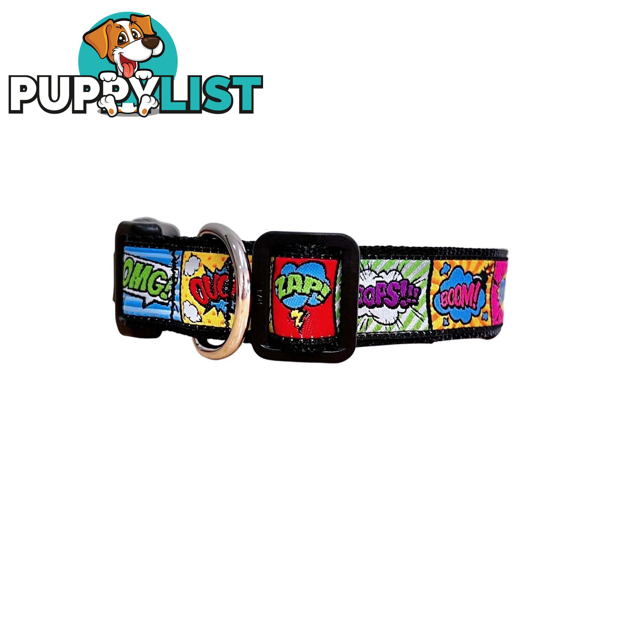 Comic Mania Dog Collar / XS - L - Hand Made by The Bark Side - TBSCOMLGEGRN