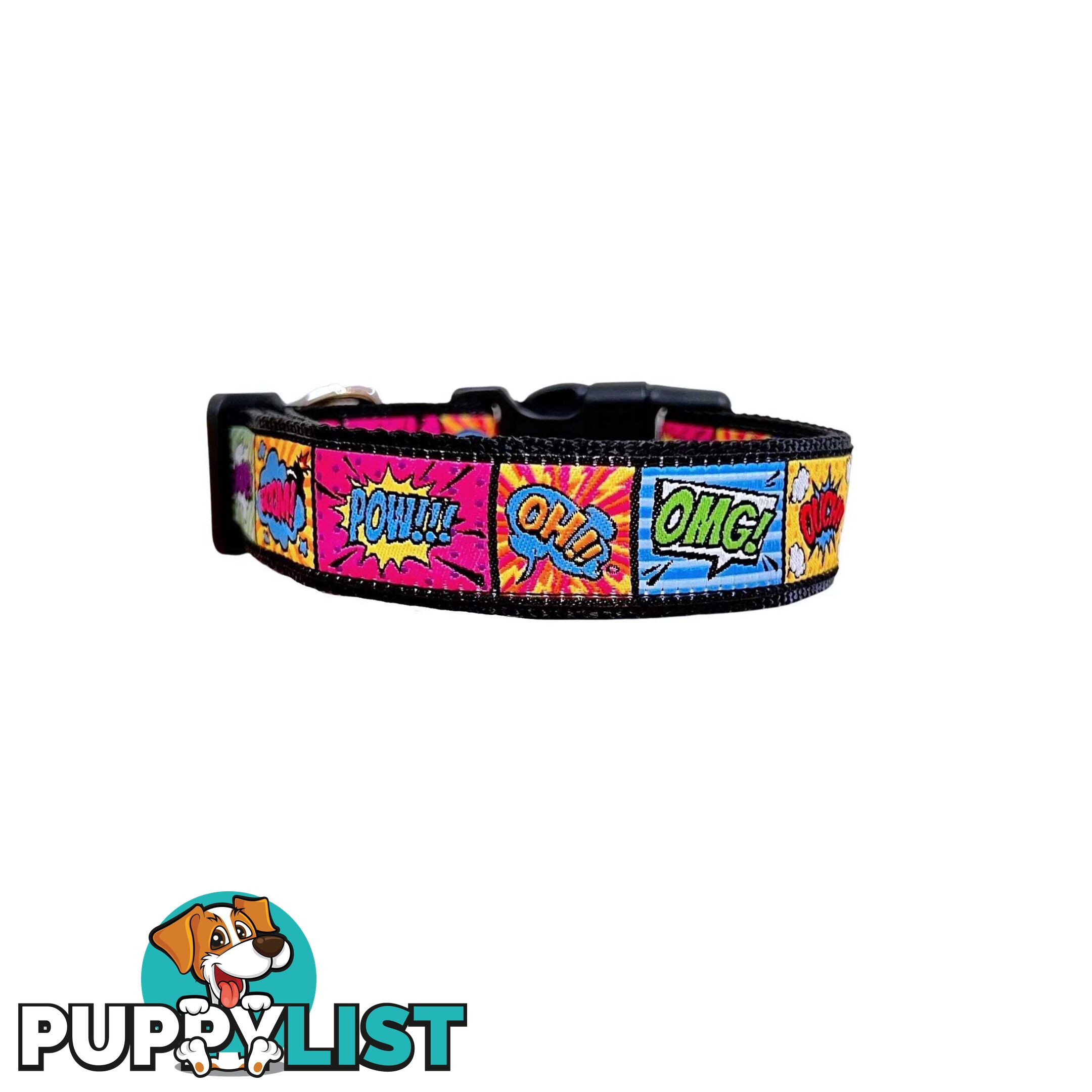 Comic Mania Dog Collar / XS - L - Hand Made by The Bark Side - TBSCOMLGEGRN