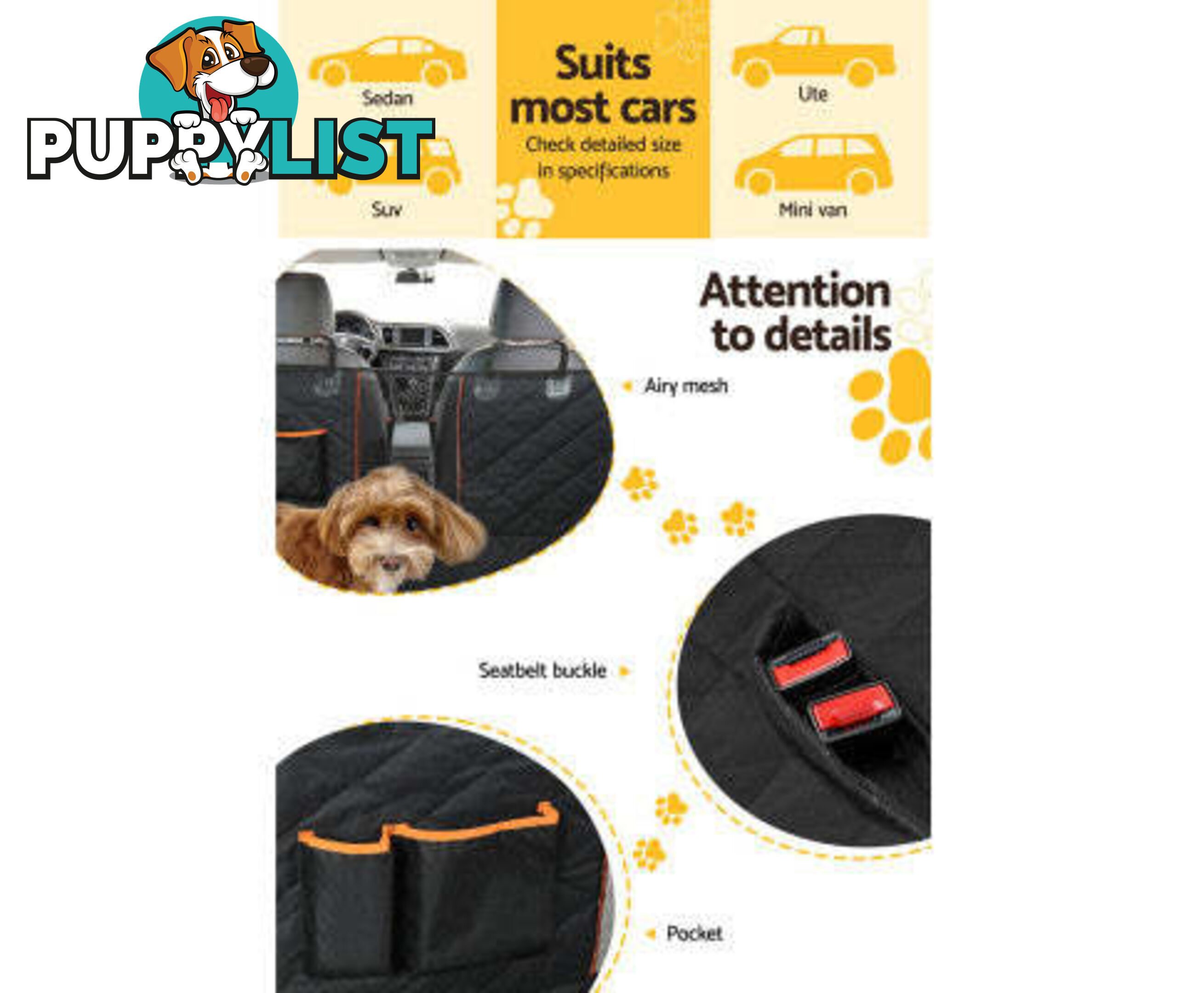 i.Pet Pet Car Seat Cover Dog Protector Hammock Back Waterproof Belt Non Slip Mat - PET-COVER-137X147-BK