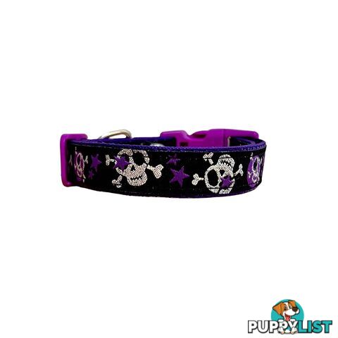 Skulls & Stars Dog Collar - Hand Made by The Bark Side - TBSSKUSMLBLU