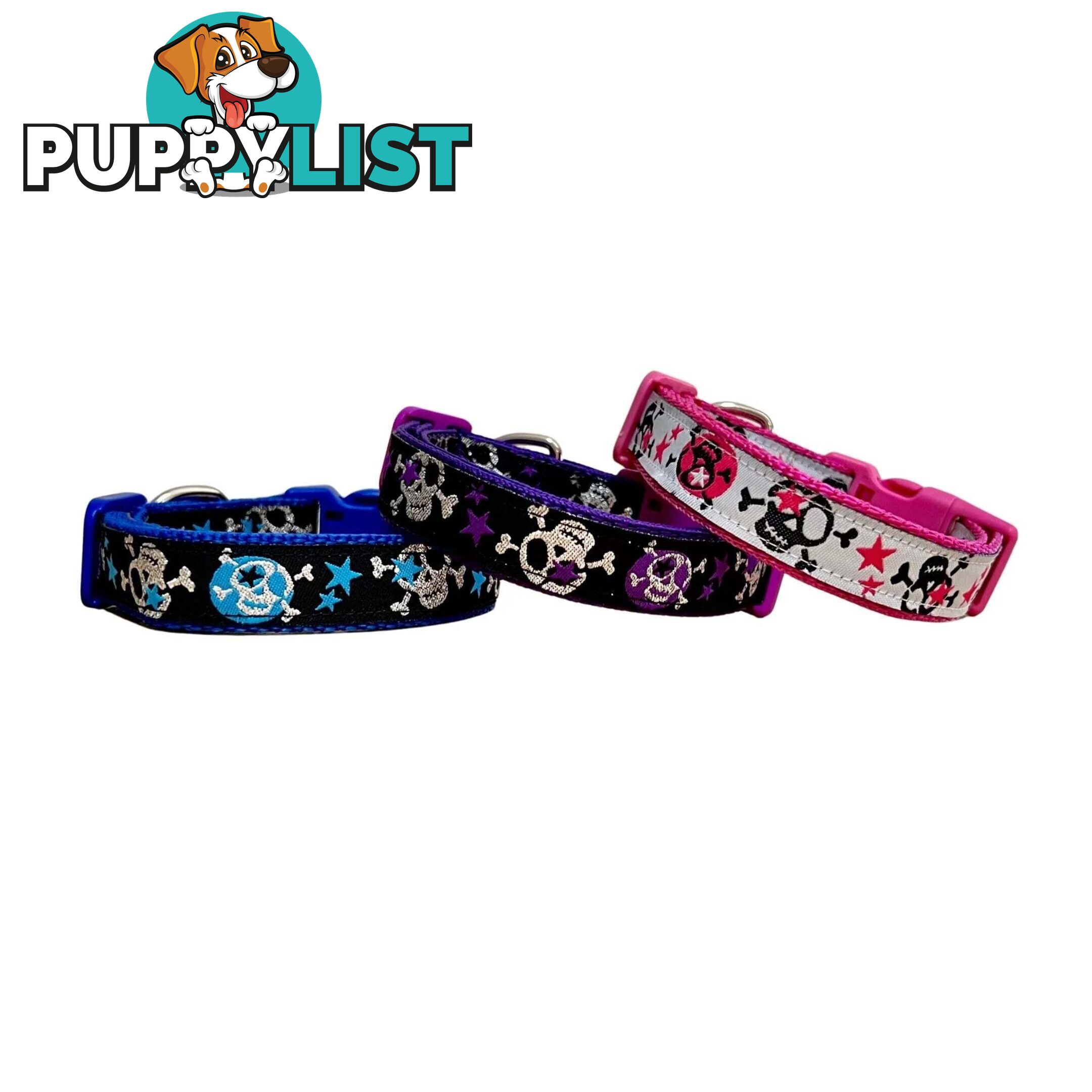 Skulls & Stars Dog Collar - Hand Made by The Bark Side - TBSSKUSMLBLU
