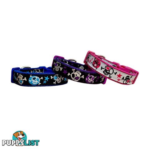 Skulls & Stars Dog Collar - Hand Made by The Bark Side - TBSSKUSMLBLU