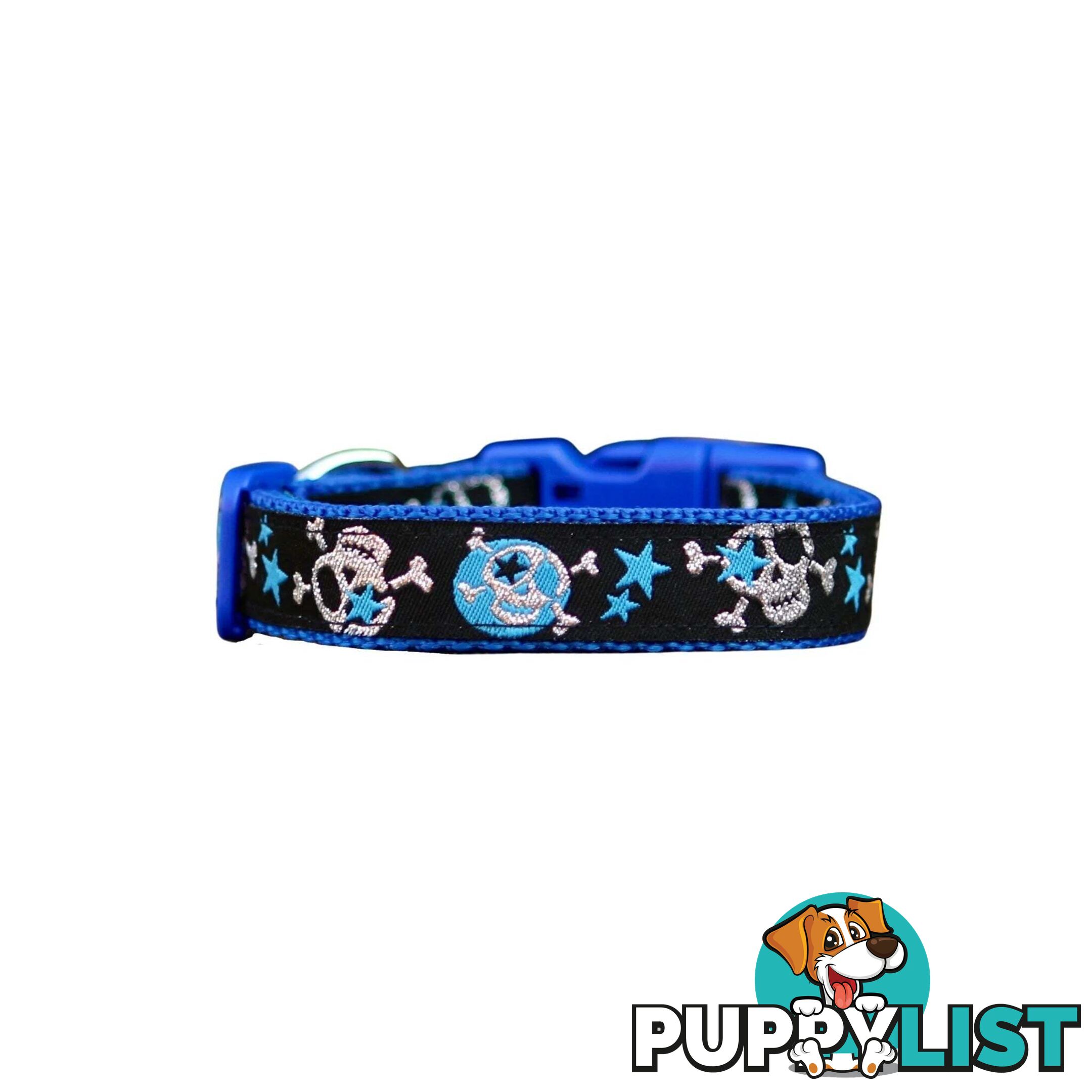 Skulls & Stars Dog Collar - Hand Made by The Bark Side - TBSSKUSMLBLU