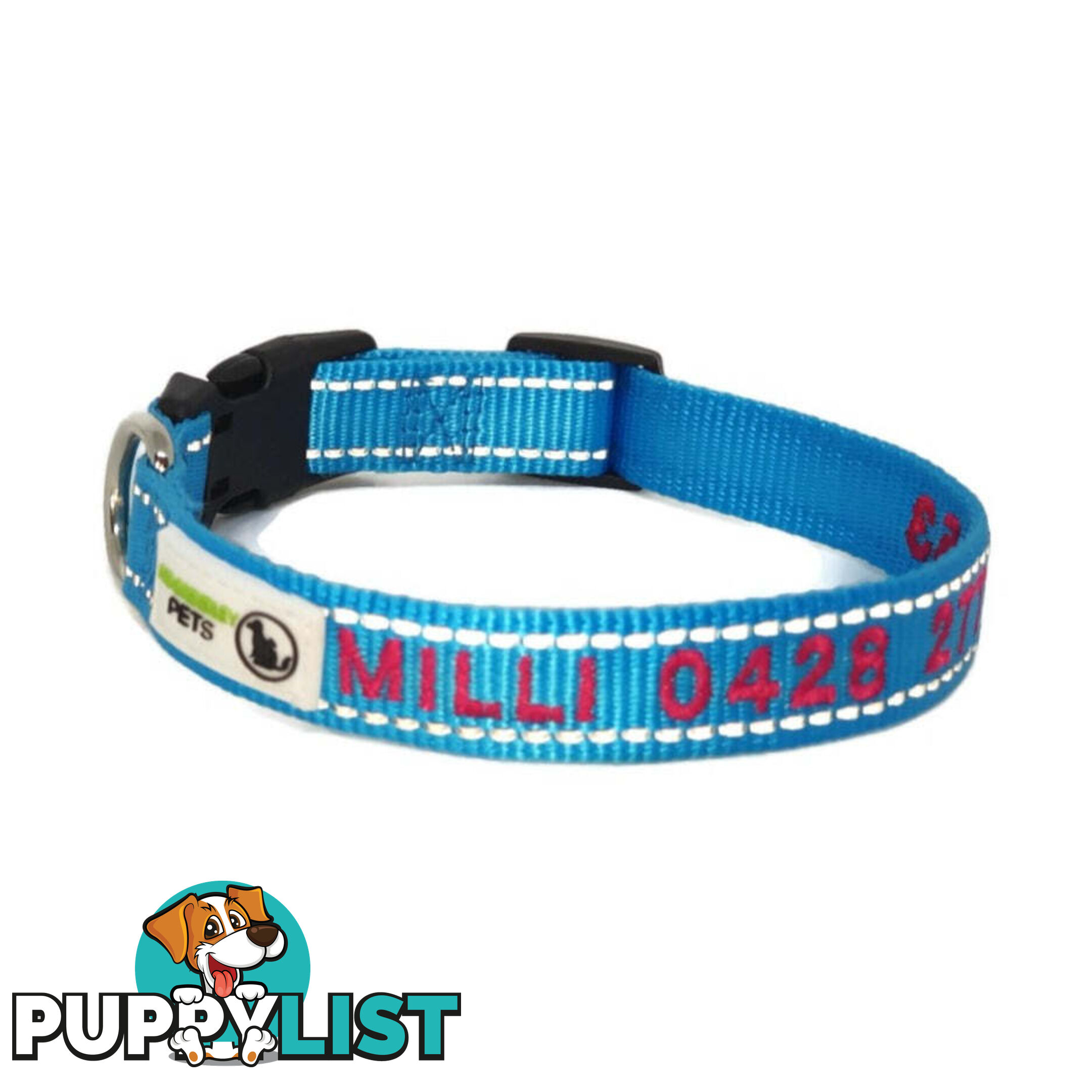 Doggie ID Collar Nylon w/Reflective Stitching Embroidered Personalised Custom. - GC-DIC-031-XL-LBLU