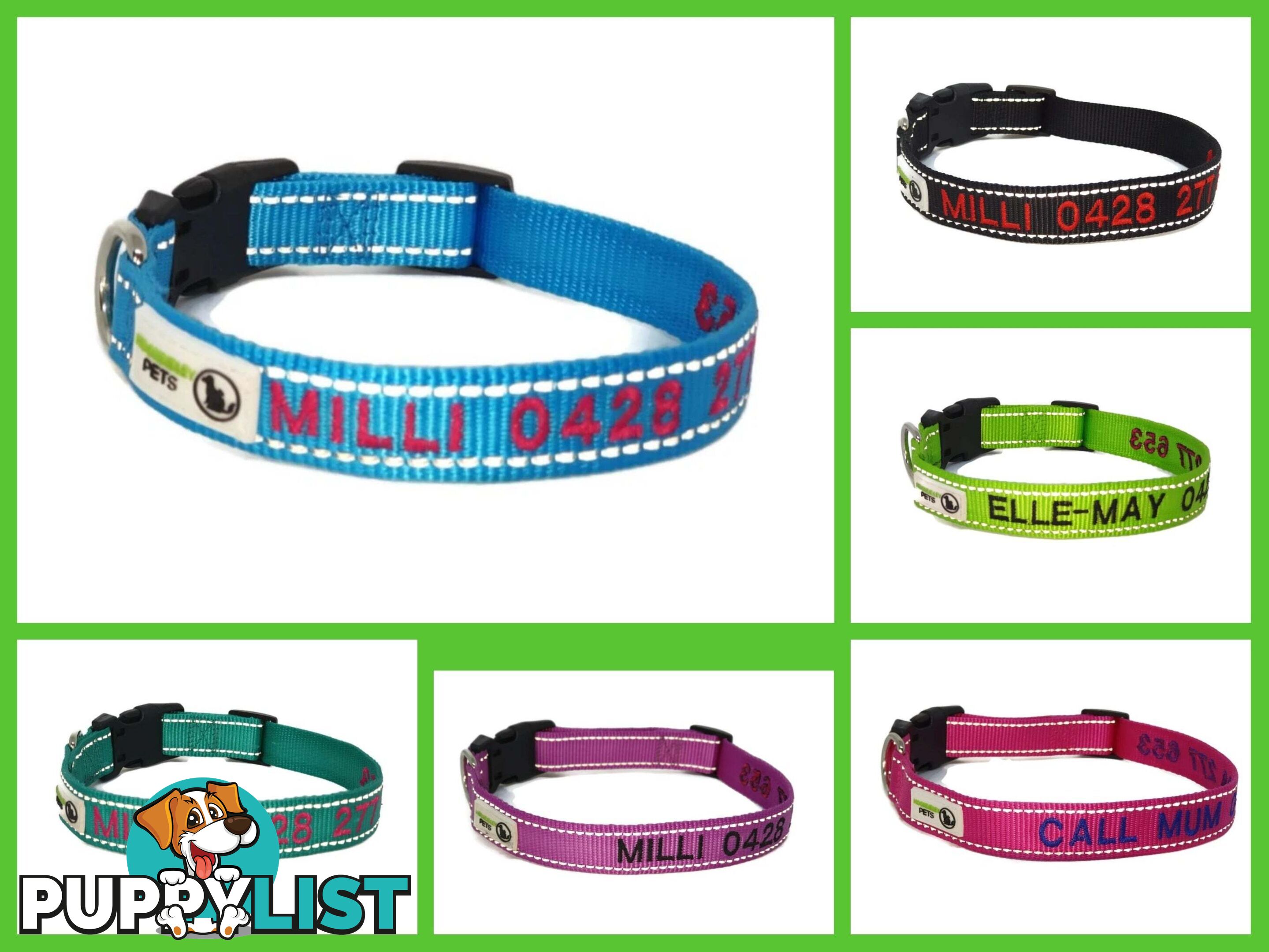 Doggie ID Collar Nylon w/Reflective Stitching Embroidered Personalised Custom. - GC-DIC-031-XL-LBLU