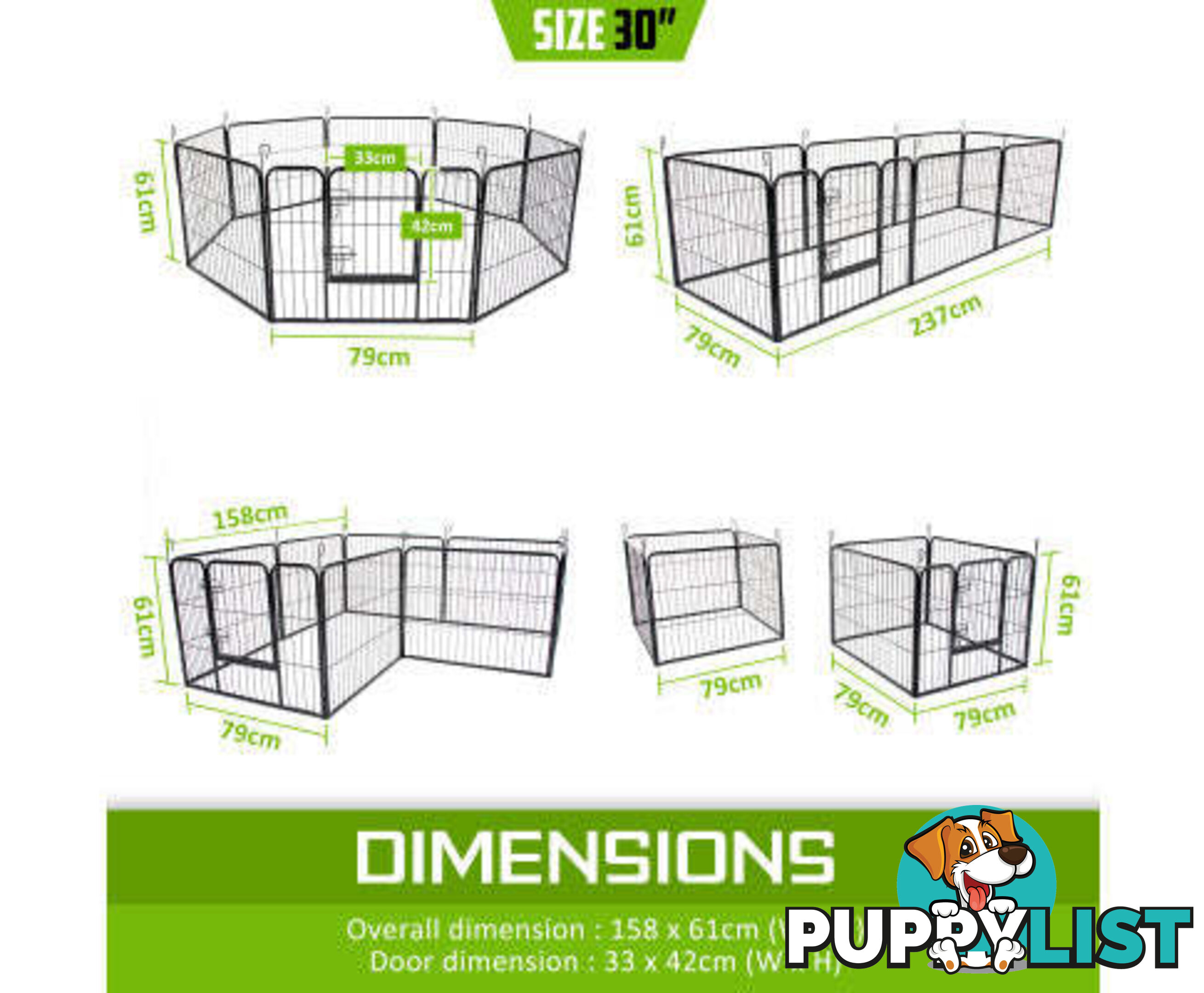 Paw Mate Pet Playpen Heavy Duty 8 Panel Foldable Dog Cage + Cover - V274-PET-PP32S-PPCV32S-GN