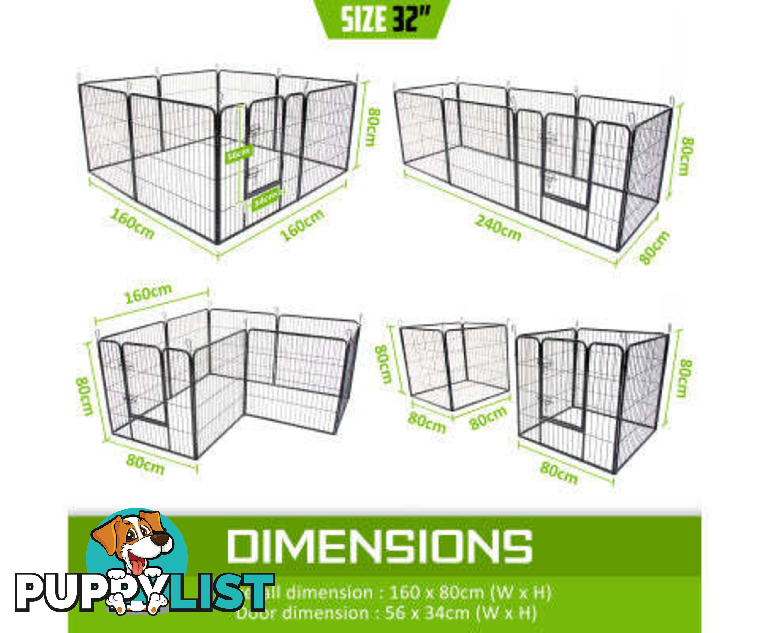 Paw Mate Pet Playpen Heavy Duty 8 Panel Foldable Dog Cage + Cover - V274-PET-PP32S-PPCV32S-GN
