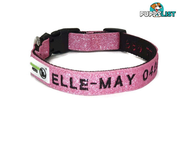 Doggie ID Collar - Bling Glitter Overlay Nylon Collar, Embroidered Personised Custom. - GC-DIC-BLING-L-BLK