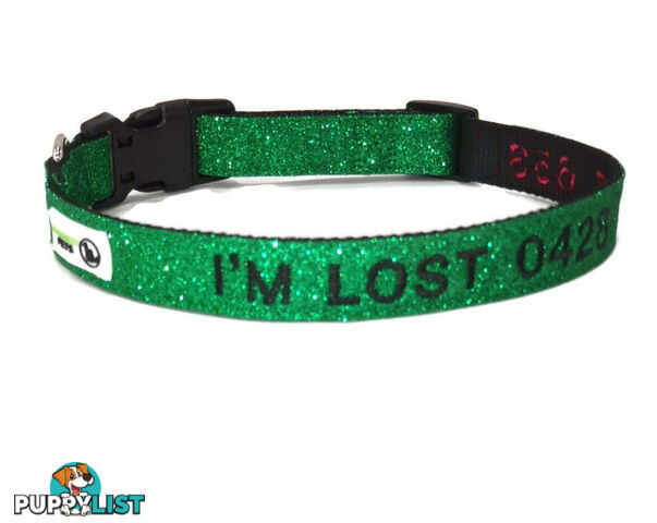 Doggie ID Collar - Bling Glitter Overlay Nylon Collar, Embroidered Personised Custom. - GC-DIC-BLING-L-BLK