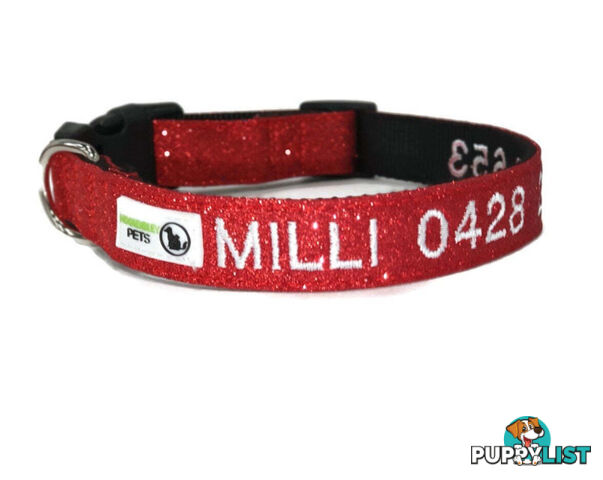 Doggie ID Collar - Bling Glitter Overlay Nylon Collar, Embroidered Personised Custom. - GC-DIC-BLING-L-BLK
