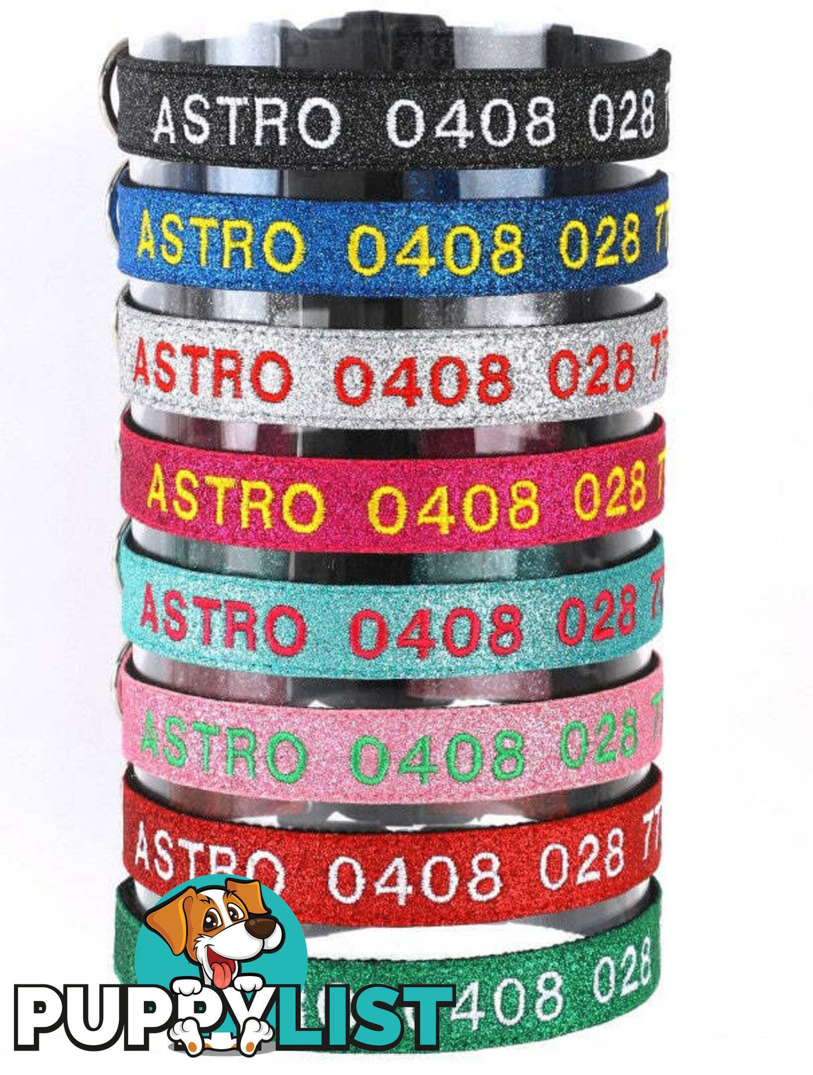 Doggie ID Collar - Bling Glitter Overlay Nylon Collar, Embroidered Personised Custom. - GC-DIC-BLING-L-BLK