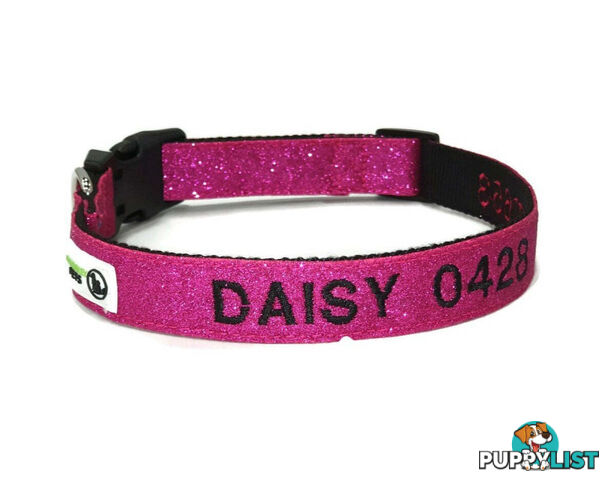 Doggie ID Collar - Bling Glitter Overlay Nylon Collar, Embroidered Personised Custom. - GC-DIC-BLING-L-BLK