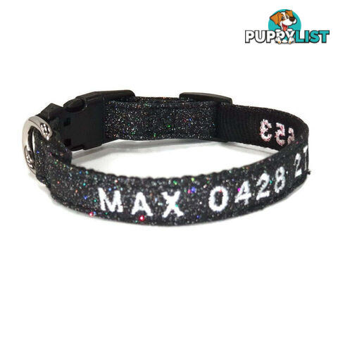 Doggie ID Collar - Bling Glitter Overlay Nylon Collar, Embroidered Personised Custom. - GC-DIC-BLING-L-BLK