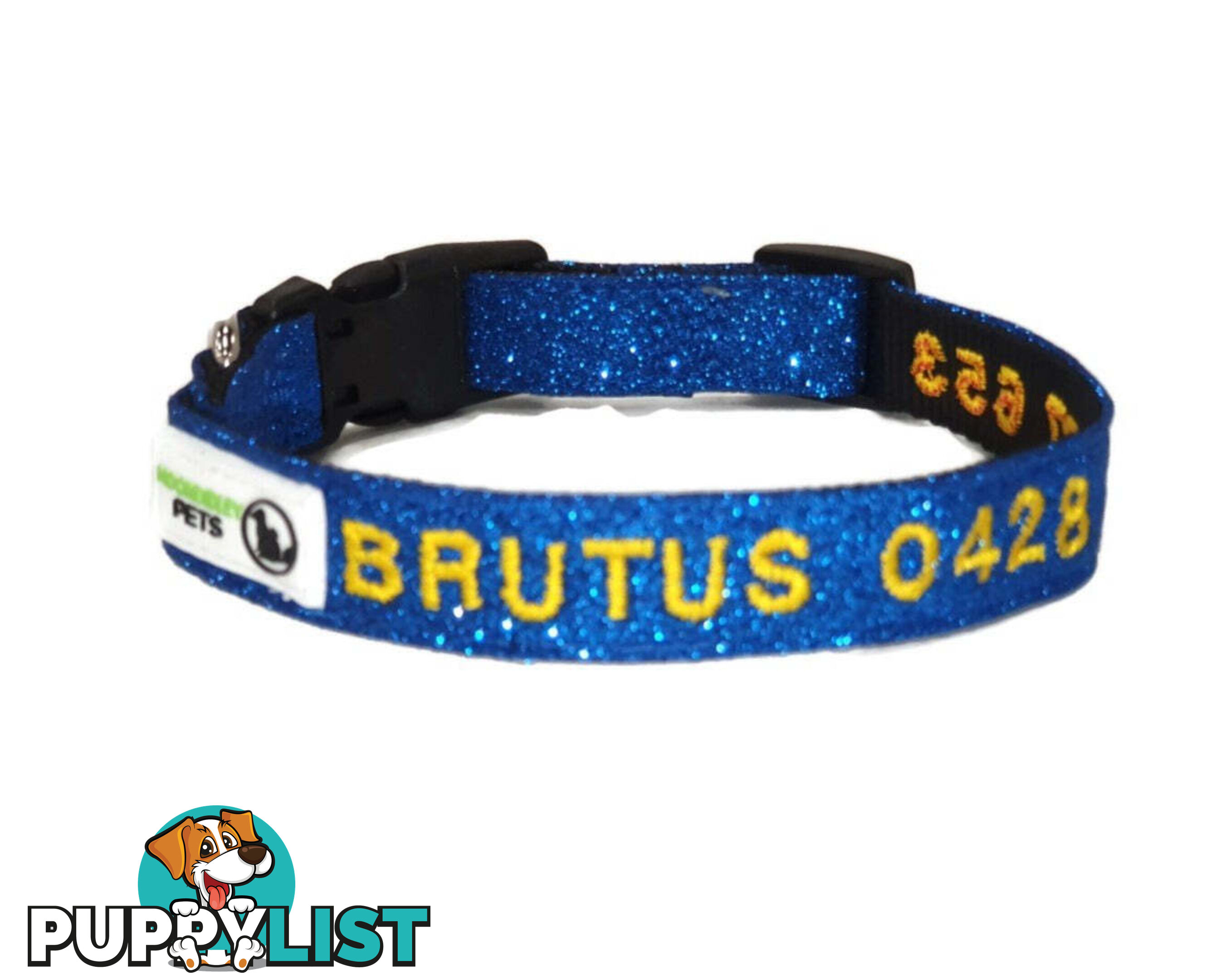 Doggie ID Collar - Bling Glitter Overlay Nylon Collar, Embroidered Personised Custom. - GC-DIC-BLING-L-BLK