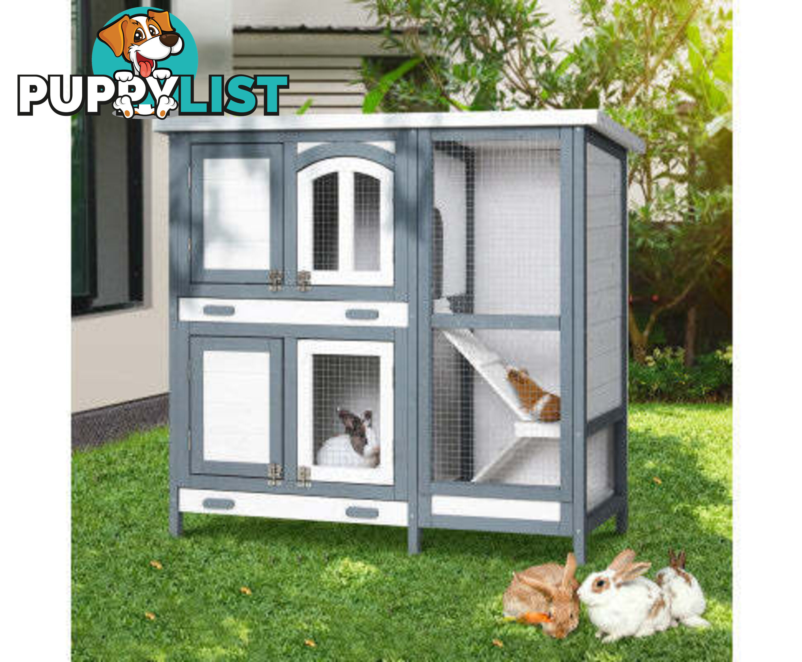 i.Pet Rabbit Hutch 98cm x 45cm x 92cm Chicken Coop Large Wooden House Run Cage Bunny Guinea Pig - PET-RH-475S-GR