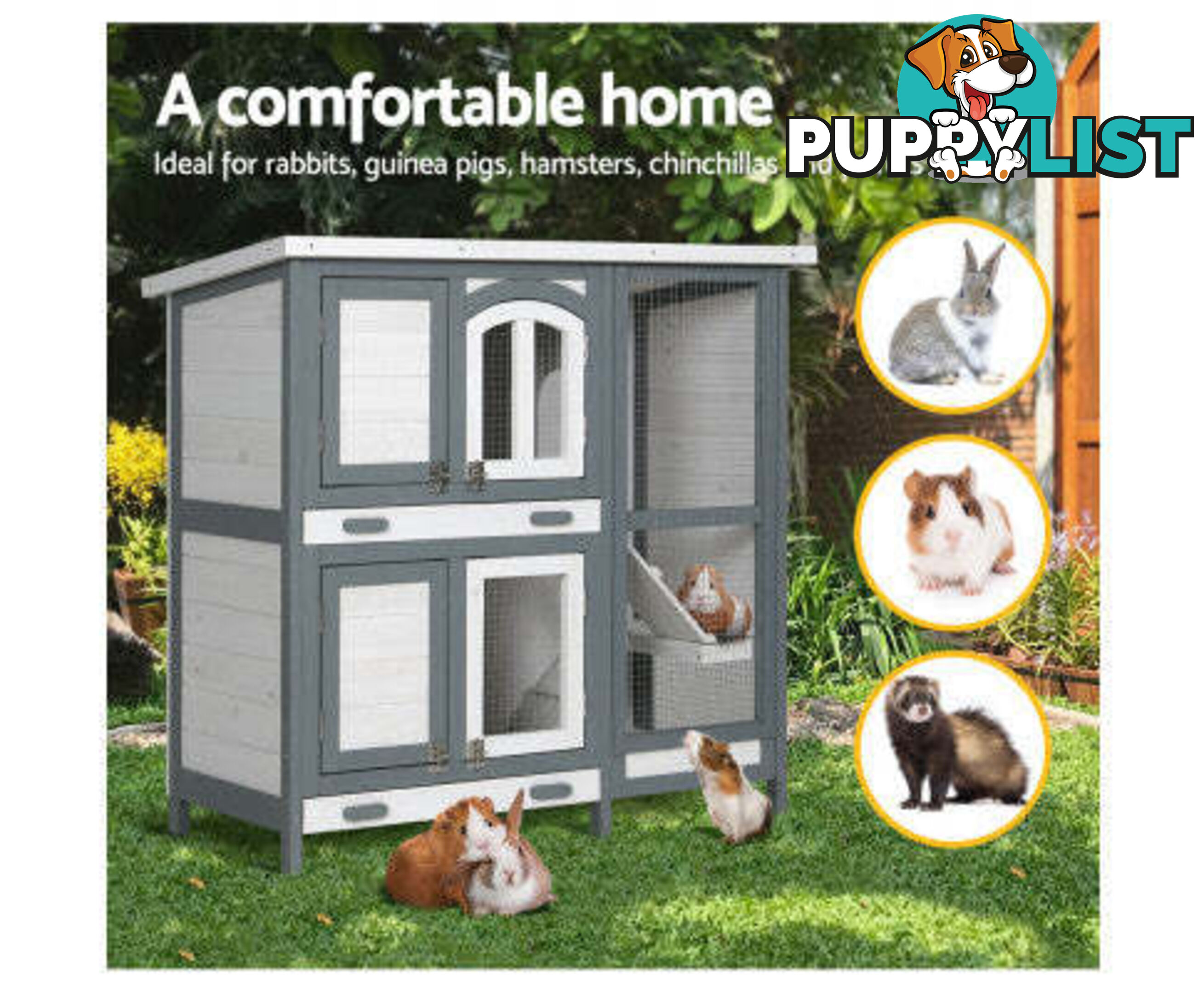 i.Pet Rabbit Hutch 98cm x 45cm x 92cm Chicken Coop Large Wooden House Run Cage Bunny Guinea Pig - PET-RH-475S-GR
