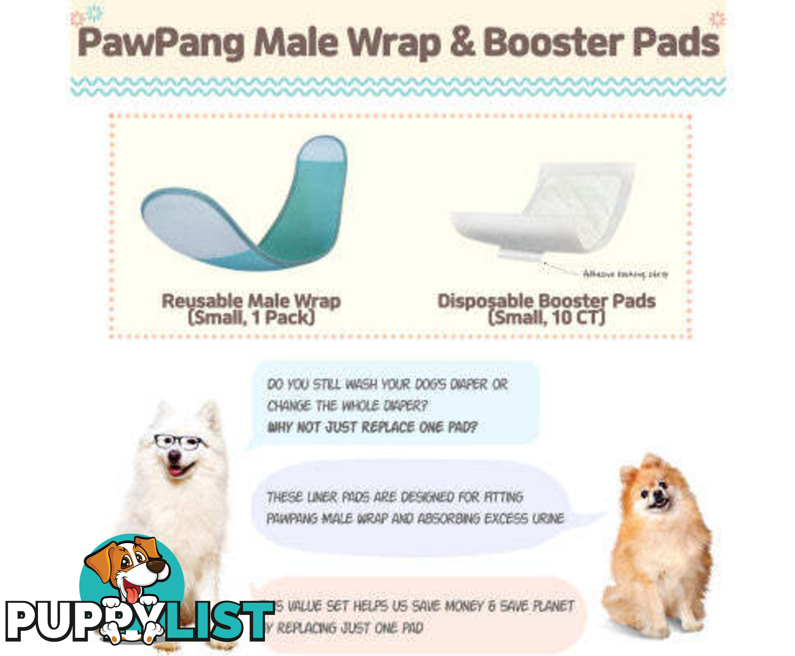 PawPang Dog Wrap Reusable Male + 10 Ct Diaper Booster Pads Disposable - V274-PET-MALEWPPAD-S