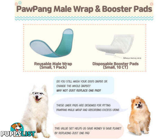 PawPang Dog Wrap Reusable Male + 10 Ct Diaper Booster Pads Disposable - V274-PET-MALEWPPAD-S