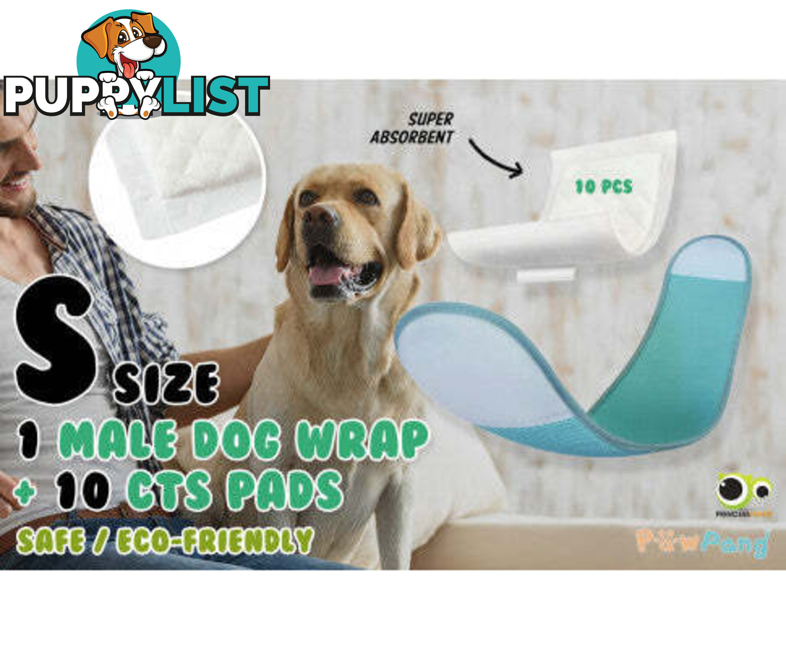 PawPang Dog Wrap Reusable Male + 10 Ct Diaper Booster Pads Disposable - V274-PET-MALEWPPAD-S