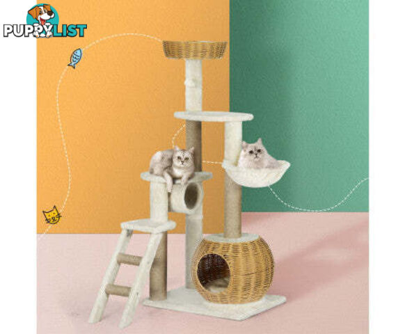 i.Pet Cat Tree 138cm Tower Scratching Post Scratcher with Wood Bed Condo House and Rattan Ladder - PET-CAT-RATTAN01-BE