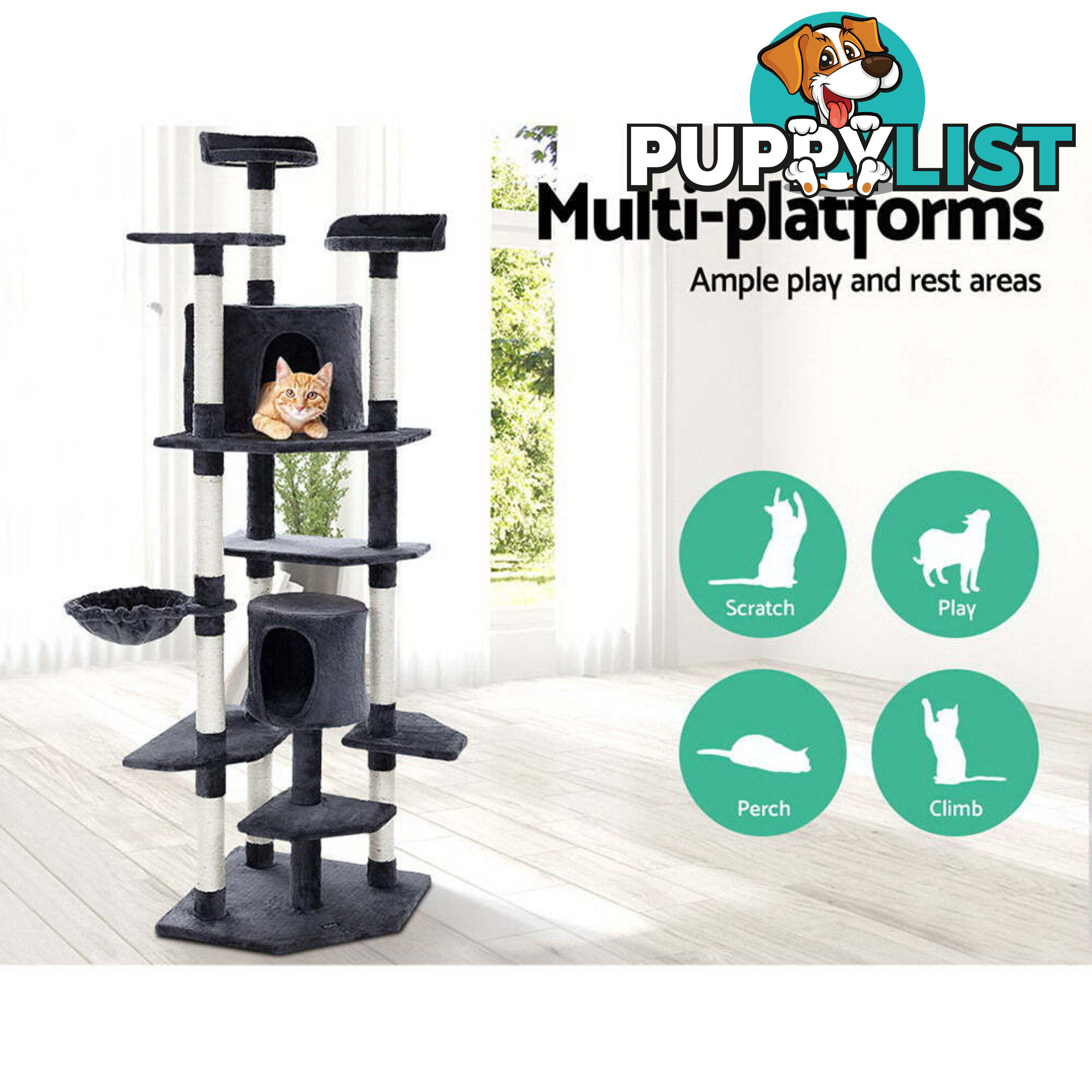 i.Pet Cat Tree 203cm Tower Scratching Post Scratcher Condo Trees House Bed Grey - PET-CAT-PCTOP-GR