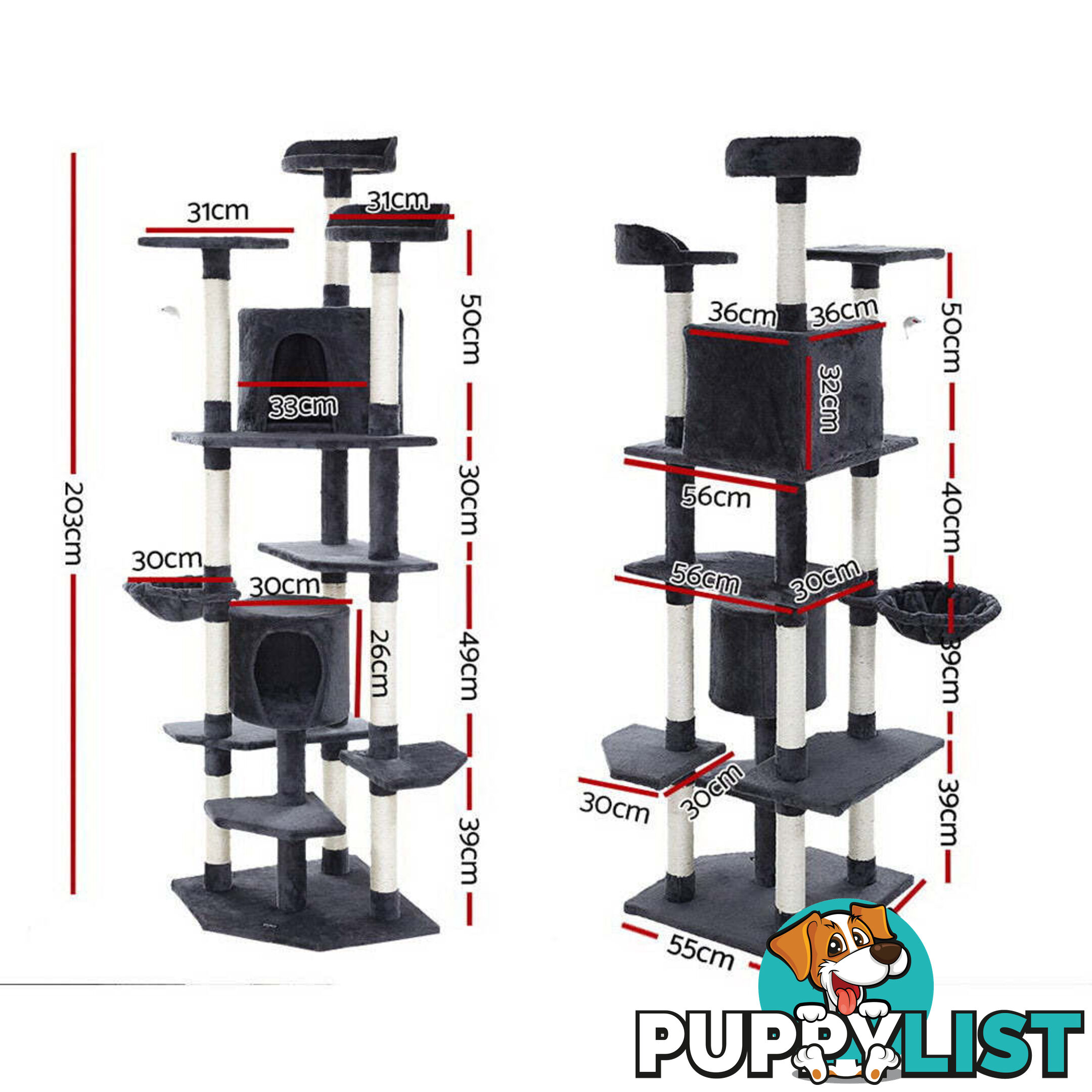 i.Pet Cat Tree 203cm Tower Scratching Post Scratcher Condo Trees House Bed Grey - PET-CAT-PCTOP-GR