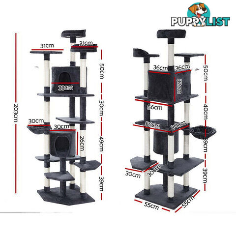 i.Pet Cat Tree 203cm Tower Scratching Post Scratcher Condo Trees House Bed Grey - PET-CAT-PCTOP-GR