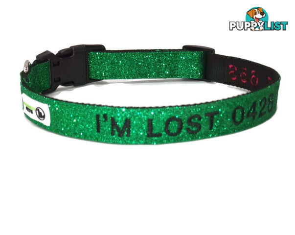 Doggie ID Collar - Bling Glitter Overlay Nylon Collar, Embroidered Personised Custom. - GC-DIC-BLING-S-GRN
