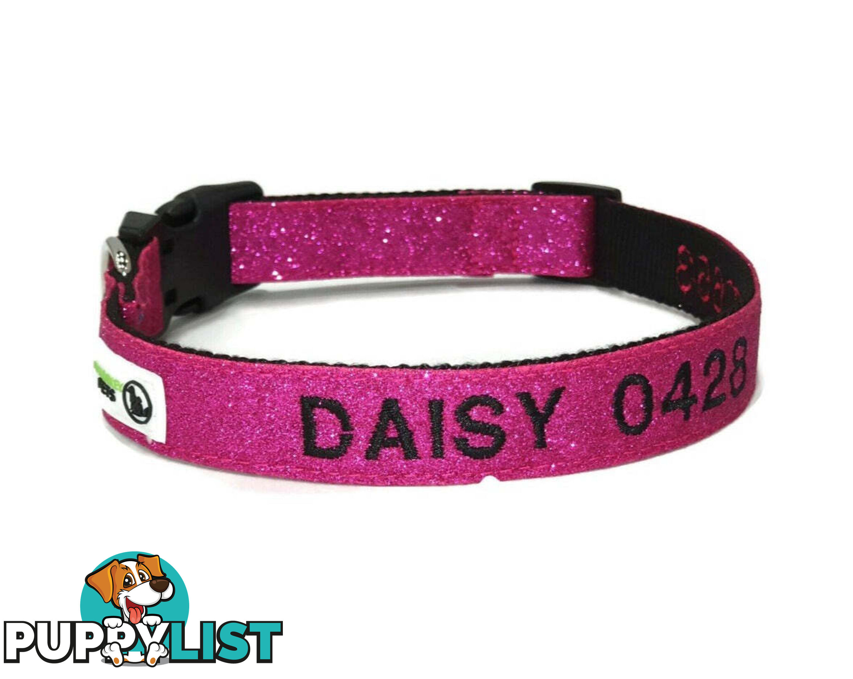 Doggie ID Collar - Bling Glitter Overlay Nylon Collar, Embroidered Personised Custom. - GC-DIC-BLING-S-GRN