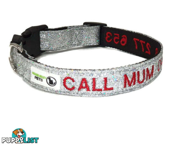 Doggie ID Collar - Bling Glitter Overlay Nylon Collar, Embroidered Personised Custom. - GC-DIC-BLING-S-GRN
