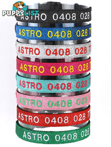 Doggie ID Collar - Bling Glitter Overlay Nylon Collar, Embroidered Personised Custom. - GC-DIC-BLING-S-GRN