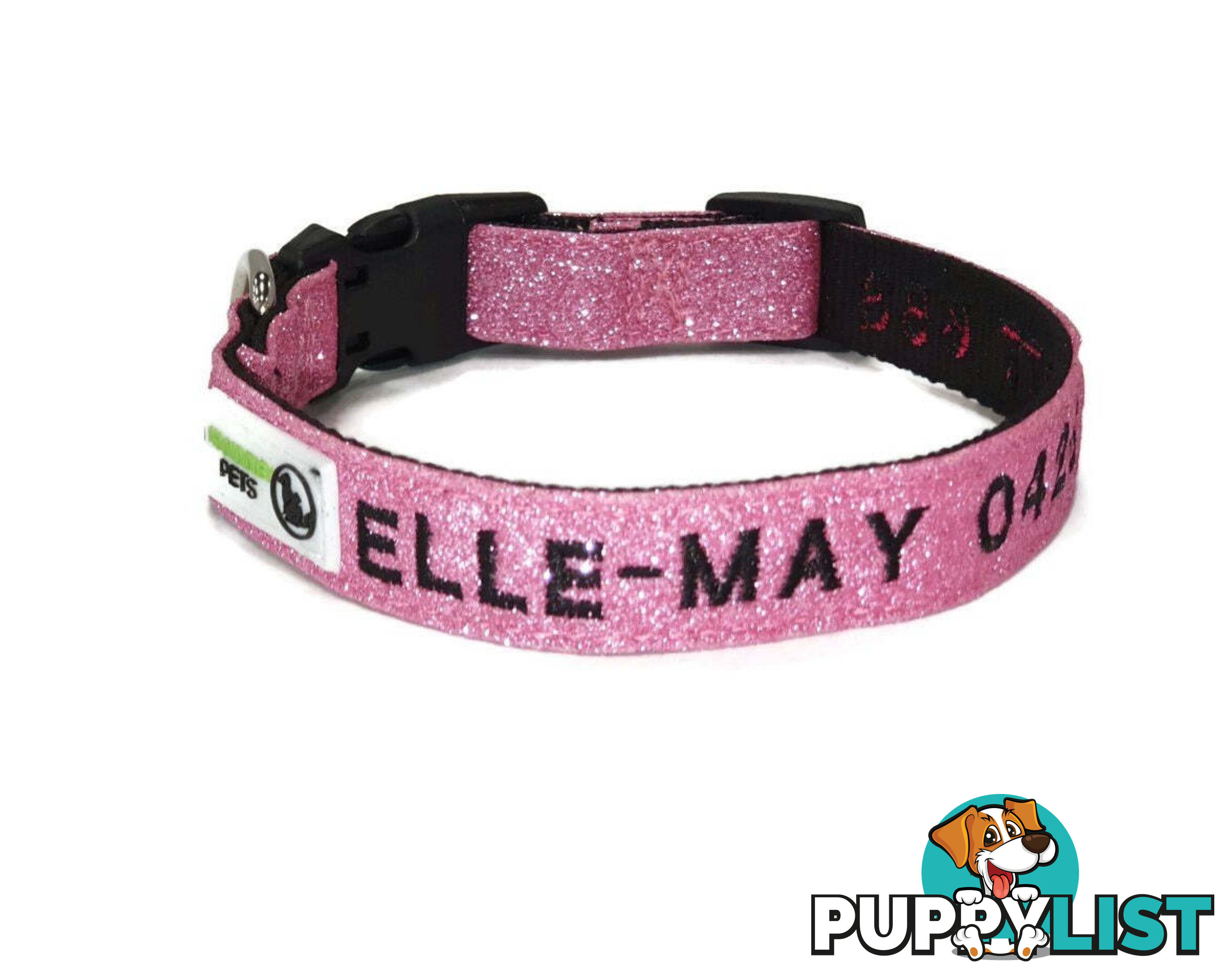 Doggie ID Collar - Bling Glitter Overlay Nylon Collar, Embroidered Personised Custom. - GC-DIC-BLING-S-GRN
