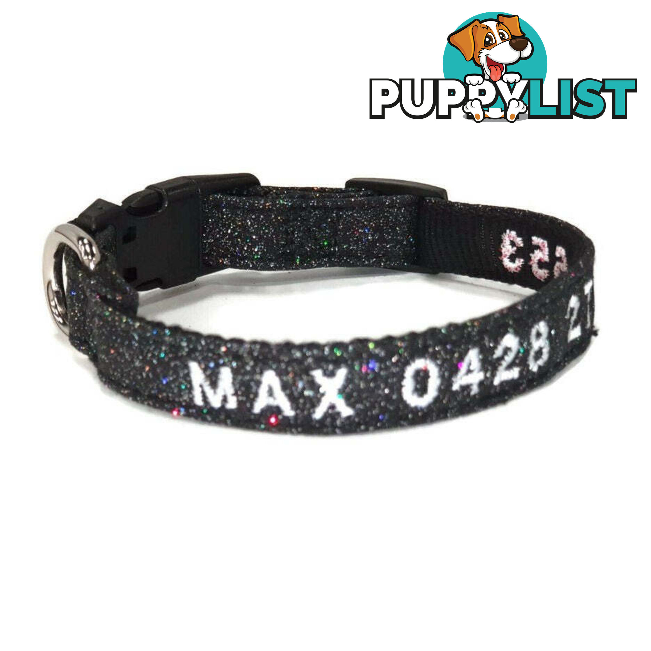 Doggie ID Collar - Bling Glitter Overlay Nylon Collar, Embroidered Personised Custom. - GC-DIC-BLING-S-GRN
