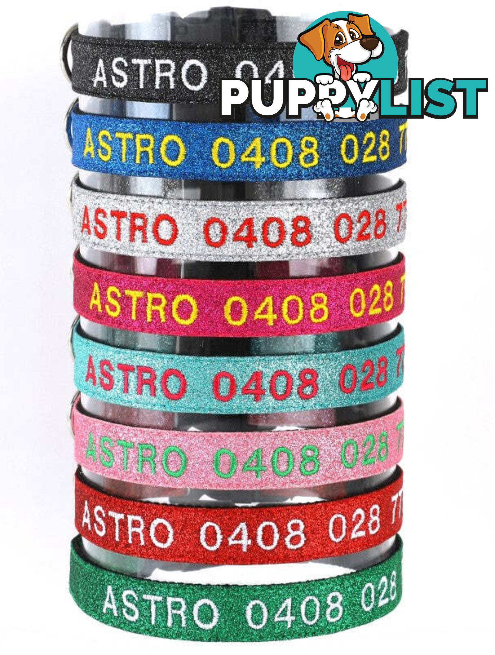 Doggie ID Collar - Bling Glitter Overlay Nylon Collar, Embroidered Personised Custom. - GC-DIC-BLING-S-GRN
